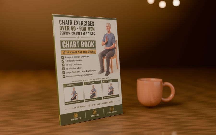 The book Chair Exercises Over 60 for Men standing on a wooden table beside a coffee mug, in warm evening light.