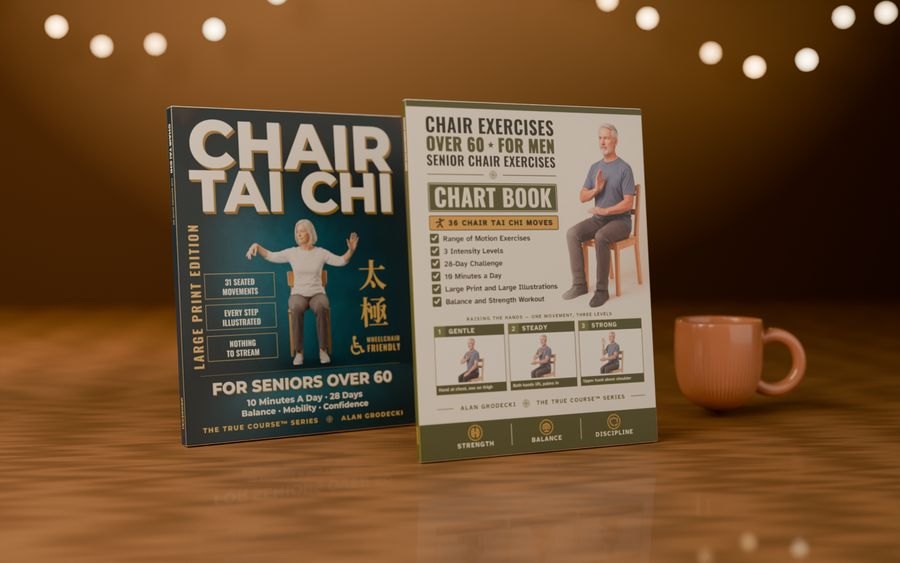 The two True Course books standing on a wooden table in warm light.