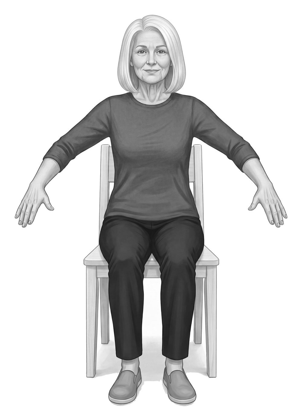 A woman in her sixties seated in a dining chair, arms opening gently to either side.